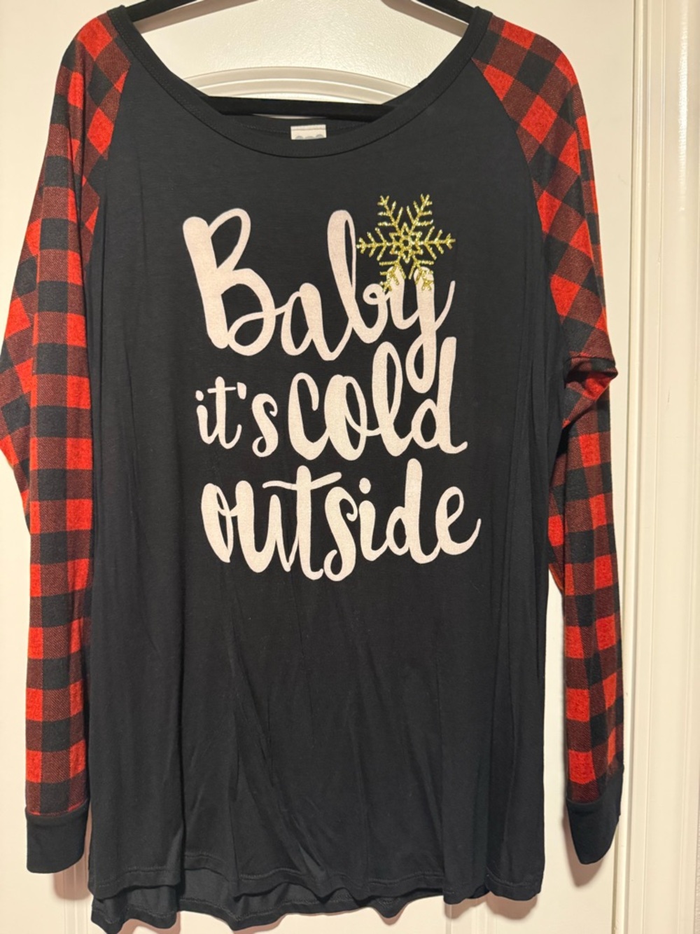 Baby It's Cold Outside' Black Top with Red Plaid Sleeves